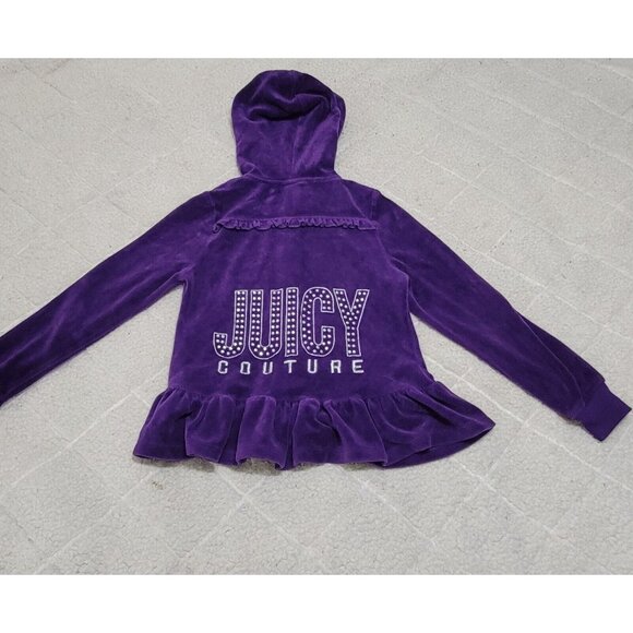 Juicy Couture Girls Purple Velour Full Zip Hoodie Studded Ruffled Hem Size 7 - Picture 6 of 11